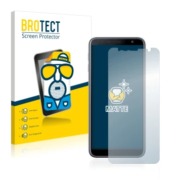 Face avant d’un emballage produit avec le logo de la marque BROTECT. À côté, l’appareil Samsung Galaxy J6 Plus est représenté 