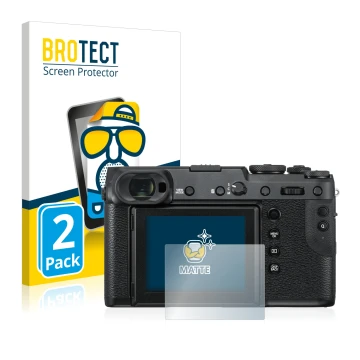 Face avant d’un emballage produit avec le logo de la marque BROTECT. À côté, l’appareil Fujifilm GFX 50R est représenté avec l