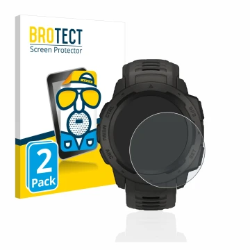 Face avant d’un emballage produit avec le logo de la marque BROTECT. À côté, l’appareil Garmin Instinct est représenté avec la