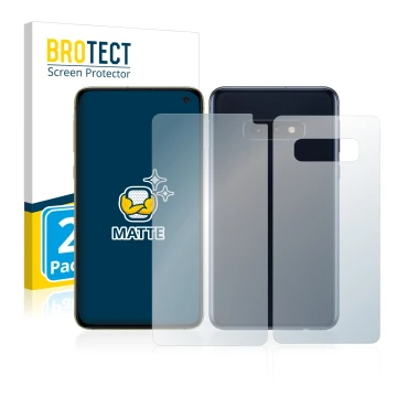 Face avant d’un emballage produit avec le logo de la marque BROTECT. À côté, l’appareil Samsung Galaxy S10e (Avant+Arrière) es