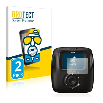 Face avant d’un emballage produit avec le logo de la marque BROTECT. À côté, l’appareil Fujifilm Instax Square SQ20 est représ