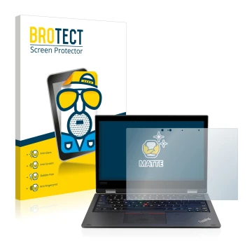 Face avant d’un emballage produit avec le logo de la marque BROTECT. À côté, l’appareil Lenovo ThinkPad L390 Yoga est représen