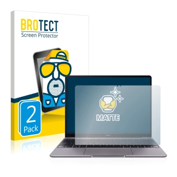 Face avant d’un emballage produit avec le logo de la marque BROTECT. À côté, l’appareil Huawei MateBook 13 2019 est représenté