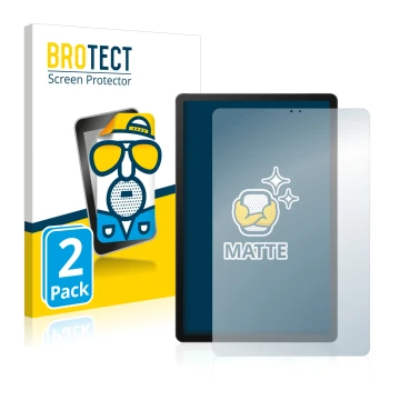 Face avant d’un emballage produit avec le logo de la marque BROTECT. À côté, l’appareil Samsung Galaxy Tab S5e LTE 2019 est re