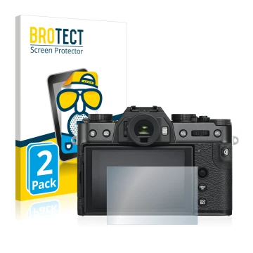 Face avant d’un emballage produit avec le logo de la marque BROTECT. À côté, l’appareil Fujifilm X-T30 est représenté avec la 