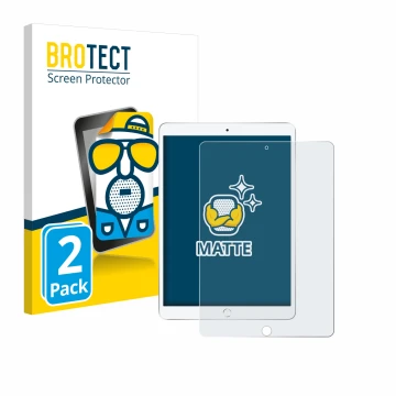 Face avant d’un emballage produit avec le logo de la marque BROTECT. À côté, l’appareil Apple iPad Air 2019 (3ème Gen.) est re
