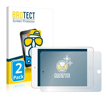 Face avant d’un emballage produit avec le logo de la marque BROTECT. À côté, l’appareil Apple iPad Mini 5 2019 (en paysage, 5è