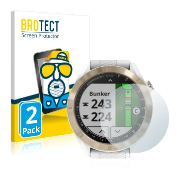 Face avant d’un emballage produit avec le logo de la marque BROTECT. À côté, l’appareil Garmin Approach S40 est représenté ave
