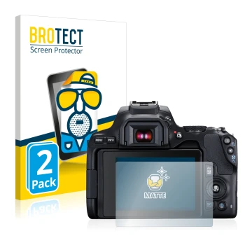 Face avant d’un emballage produit avec le logo de la marque BROTECT. À côté, l’appareil Canon EOS 250D est représenté avec la 