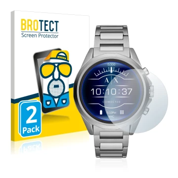 Face avant d’un emballage produit avec le logo de la marque BROTECT. À côté, l’appareil Emporio Armani Connected Exchange AXT2