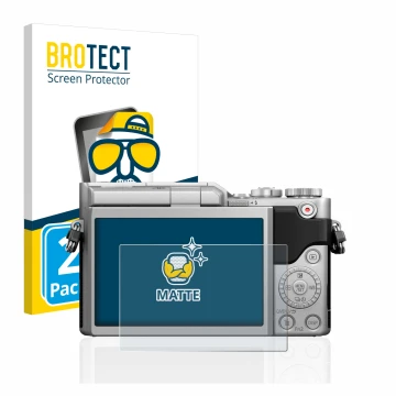 Face avant d’un emballage produit avec le logo de la marque BROTECT. À côté, l’appareil Panasonic Lumix DC-GX880 est représent