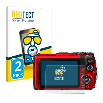Face avant d’un emballage produit avec le logo de la marque BROTECT. À côté, l’appareil Olympus Tough TG-6 est représenté avec