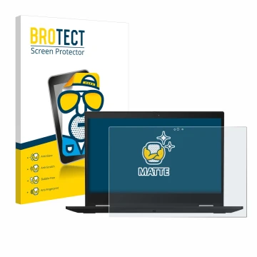 Face avant d’un emballage produit avec le logo de la marque BROTECT. À côté, l’appareil Lenovo ThinkPad X390 Yoga est représen