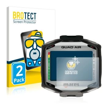 Face avant d’un emballage produit avec le logo de la marque BROTECT. À côté, l’appareil Mares Quad Air est représenté avec la 