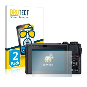 Face avant d’un emballage produit avec le logo de la marque BROTECT. À côté, l’appareil Canon PowerShot G5 X Mark II est repré