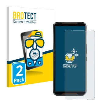 Face avant d’un emballage produit avec le logo de la marque BROTECT. À côté, l’appareil ASUS ROG Phone 2 est représenté avec l