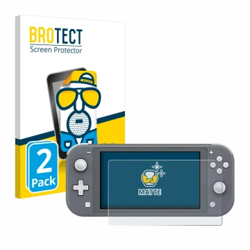 Face avant d’un emballage produit avec le logo de la marque BROTECT. À côté, l’appareil Nintendo Switch Lite est représenté av