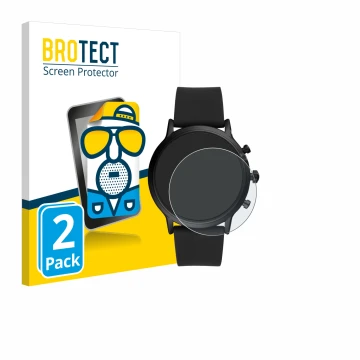 Face avant d’un emballage produit avec le logo de la marque BROTECT. À côté, l’appareil Fossil The Carlyle HR (5.Gen) est repr