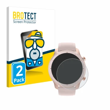 Face avant d’un emballage produit avec le logo de la marque BROTECT. À côté, l’appareil Huami Amazfit GTR (42 mm) est représen