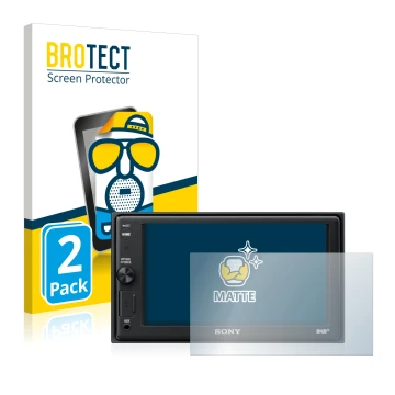Face avant d’un emballage produit avec le logo de la marque BROTECT. À côté, l’appareil Sony XAV-AX1005DB est représenté avec 