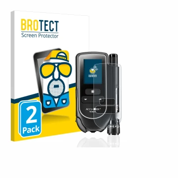 Face avant d’un emballage produit avec le logo de la marque BROTECT. À côté, l’appareil Accu-Chek Mobile est représenté avec l