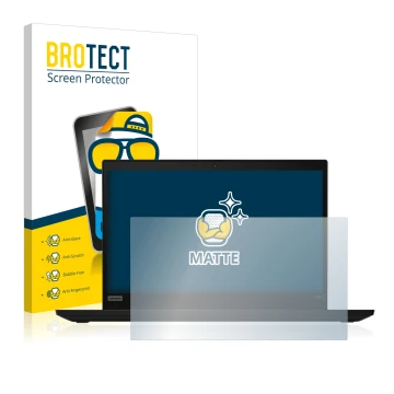 Face avant d’un emballage produit avec le logo de la marque BROTECT. À côté, l’appareil Lenovo ThinkPad X390 Non-Touch est rep