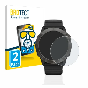 Face avant d’un emballage produit avec le logo de la marque BROTECT. À côté, l’appareil Garmin Fenix 6X Pro est représenté ave