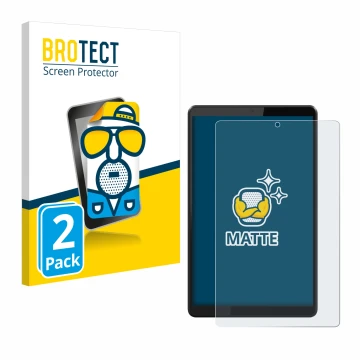 Face avant d’un emballage produit avec le logo de la marque BROTECT. À côté, l’appareil Lenovo Tab M8 est représenté avec la p