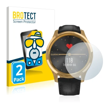 Face avant d’un emballage produit avec le logo de la marque BROTECT. À côté, l’appareil Garmin vivomove Luxe (42 mm) est repré