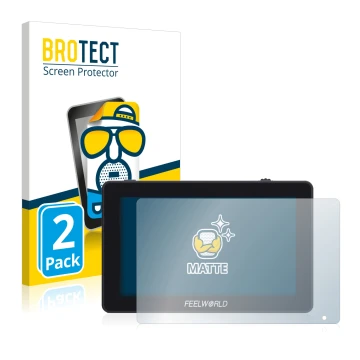 Face avant d’un emballage produit avec le logo de la marque BROTECT. À côté, l’appareil Feelworld F6 Plus est représenté avec 