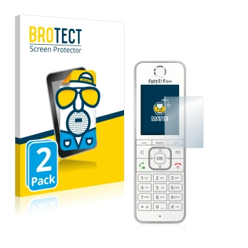 Face avant d’un emballage produit avec le logo de la marque BROTECT. À côté, l’appareil AVM Fritz!Fon C6 est représenté avec l