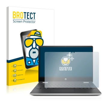 Face avant d’un emballage produit avec le logo de la marque BROTECT. À côté, l’appareil HP Pavilion x360 (14-dhX) est représen