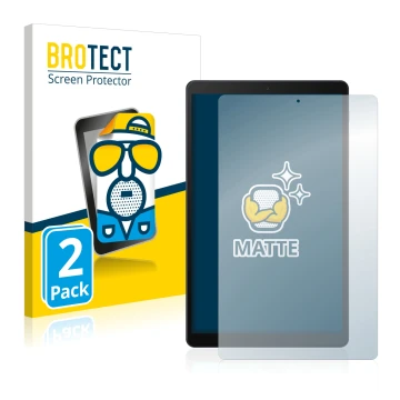 Face avant d’un emballage produit avec le logo de la marque BROTECT. À côté, l’appareil Samsung Galaxy Tab A 10.1 LTE 2019 est