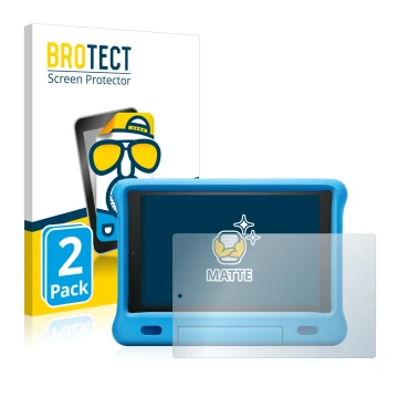 Face avant d’un emballage produit avec le logo de la marque BROTECT. À côté, l’appareil Amazon Fire HD 10 Kids 2019 (9ème Gen.