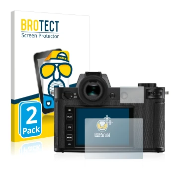 Face avant d’un emballage produit avec le logo de la marque BROTECT. À côté, l’appareil Leica SL2 est représenté avec la prote