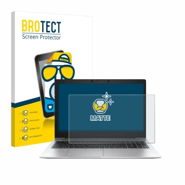 Face avant d’un emballage produit avec le logo de la marque BROTECT. À côté, l’appareil HP EliteBook 850 G6 est représenté ave