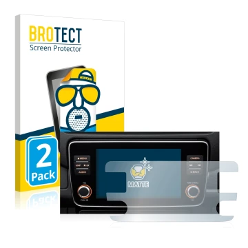 Face avant d’un emballage produit avec le logo de la marque BROTECT. À côté, l’appareil Nissan Leaf E Plus Infotainment System