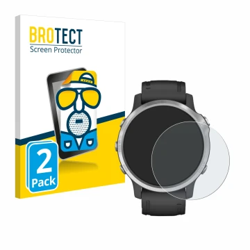 Face avant d’un emballage produit avec le logo de la marque BROTECT. À côté, l’appareil Garmin Fenix 6S est représenté avec la
