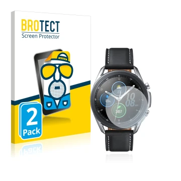 Face avant d’un emballage produit avec le logo de la marque BROTECT. À côté, l’appareil Samsung Galaxy Watch 3 (41mm) est repr