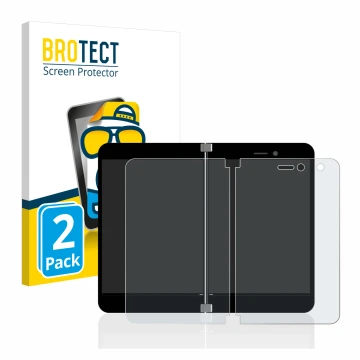 Face avant d’un emballage produit avec le logo de la marque BROTECT. À côté, l’appareil Microsoft Surface Duo est représenté a