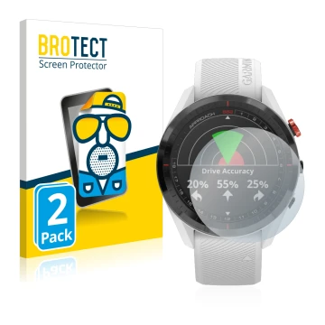 Face avant d’un emballage produit avec le logo de la marque BROTECT. À côté, l’appareil Garmin Approach S62 est représenté ave