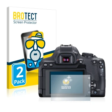 Face avant d’un emballage produit avec le logo de la marque BROTECT. À côté, l’appareil Canon EOS 850D est représenté avec la 