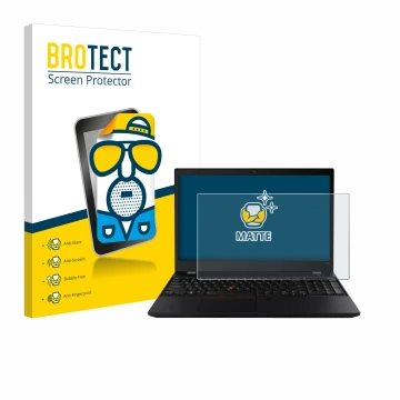 Face avant d’un emballage produit avec le logo de la marque BROTECT. À côté, l’appareil Lenovo ThinkPad T590 Non-Touch est rep