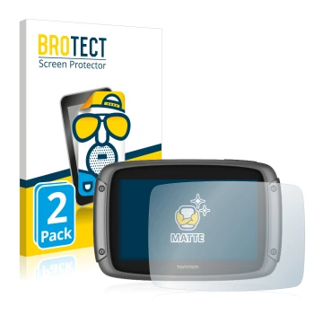 Face avant d’un emballage produit avec le logo de la marque BROTECT. À côté, l’appareil TomTom Rider 50 est représenté avec la