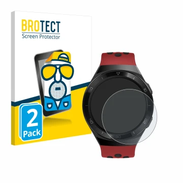 Face avant d’un emballage produit avec le logo de la marque BROTECT. À côté, l’appareil Huawei Watch GT 2e est représenté avec