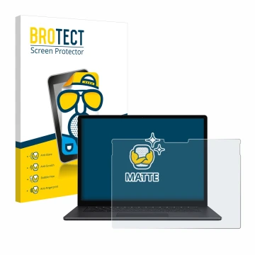 Face avant d’un emballage produit avec le logo de la marque BROTECT. À côté, l’appareil Microsoft Surface Book 3 15