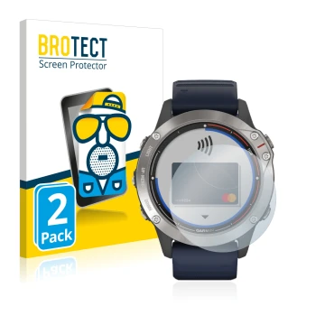 Face avant d’un emballage produit avec le logo de la marque BROTECT. À côté, l’appareil Garmin quatix 6 est représenté avec la