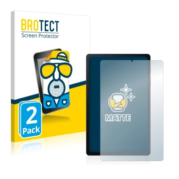 Face avant d’un emballage produit avec le logo de la marque BROTECT. À côté, l’appareil Samsung Galaxy Tab S6 Lite 2020 est re