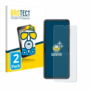 Face avant d’un emballage produit avec le logo de la marque BROTECT. À côté, l’appareil Samsung Galaxy Z Flip 5G est représent