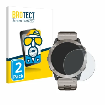 Face avant d’un emballage produit avec le logo de la marque BROTECT. À côté, l’appareil Garmin quatix 6x Solar est représenté 